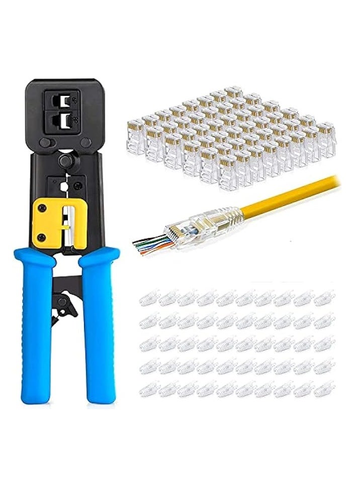 PROMASS RJ45 Crimp Tool Pass Through Connector End With Cat6 Crimping Tool Kit for RJ45 RJ12 Regular,50 Cat6 straight-through connectors, 50Pcs Covers and Mini Wire Stripper (A)  - Image 1