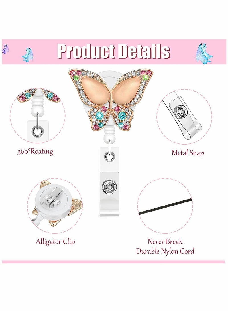 Rhinestone Retractable Badge Holder Reel, Cute Animals Handmade Bling ID Holders with Clip, Name Card for Volunteer Nurses Doctors Teachers, 5 Pieces (Butterfly Style)