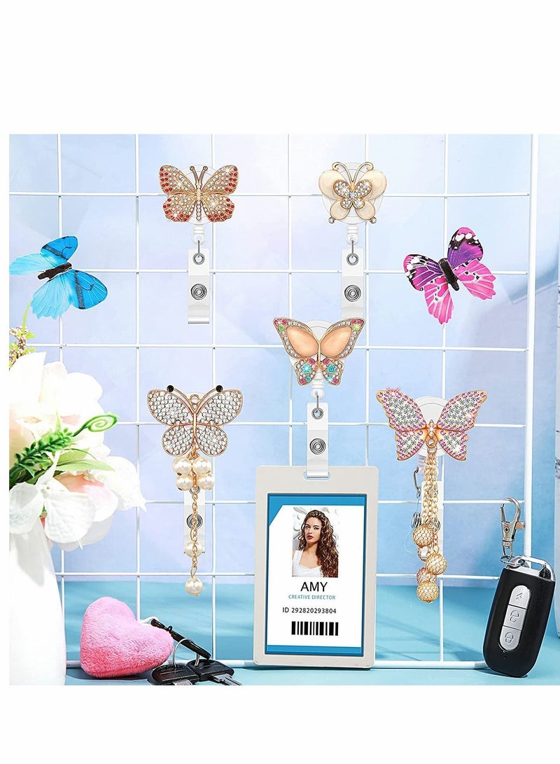 Rhinestone Retractable Badge Holder Reel, Cute Animals Handmade Bling ID Holders with Clip, Name Card for Volunteer Nurses Doctors Teachers, 5 Pieces (Butterfly Style)