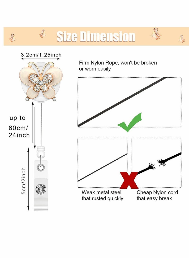 Rhinestone Retractable Badge Holder Reel, Cute Animals Handmade Bling ID Holders with Clip, Name Card for Volunteer Nurses Doctors Teachers, 5 Pieces (Butterfly Style)