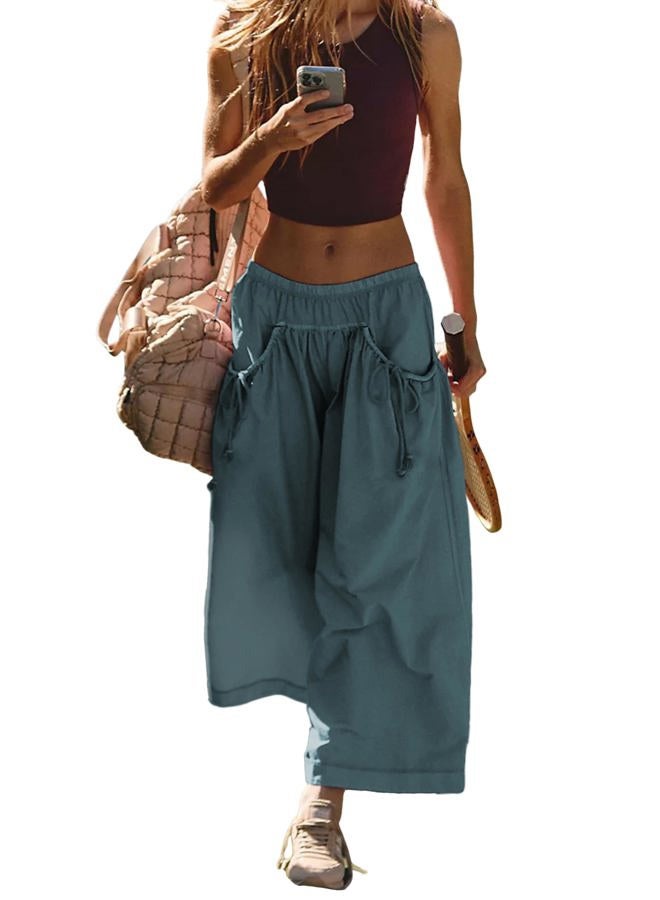 Hooever Women's Loose Wide Leg Track Pants Drawstring Pockets Elastic Waist Capri Hiking Pants, Bluegrey, M - Image 1