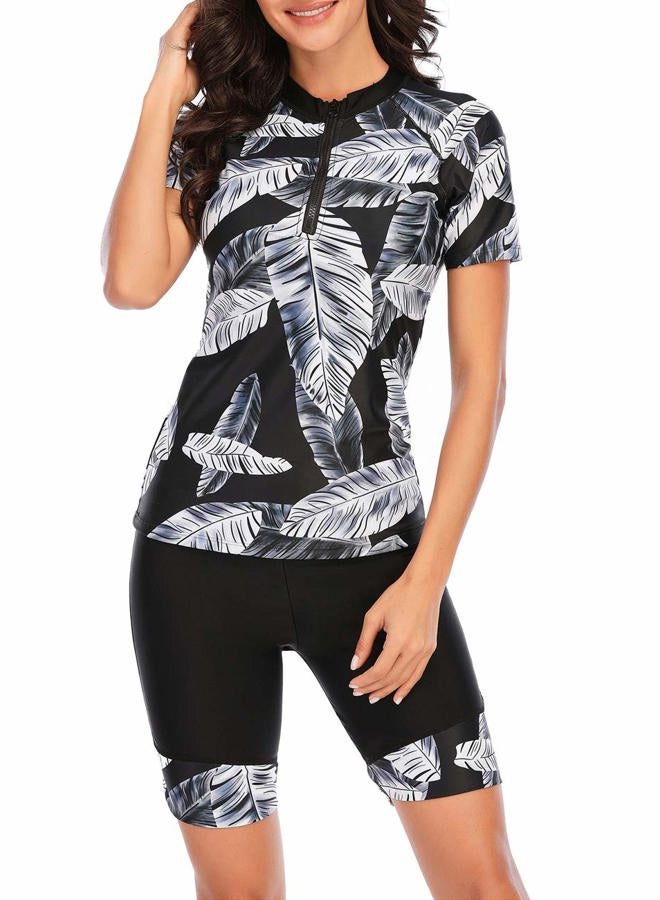 JadeRich Women's Short Sleeve Rash Guard Swimsuit Patterned Zipper Two Piece Bathing Swimwear, Black, XL - Image 2