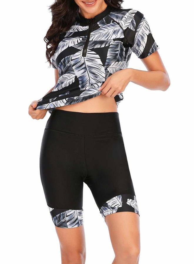 JadeRich Women's Short Sleeve Rash Guard Swimsuit Patterned Zipper Two Piece Bathing Swimwear, Black, XL - Image 4