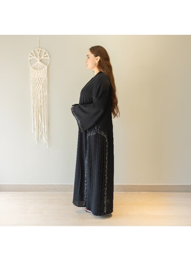 LINELLE عباءة لينيل السوداء للنساء - مزودة بأزرار من الأمام مع أكمام واسعة فضفاضة، لوحات مطوية جانبية وتفاصيل مطرزة، ملابس يومية ومناسبات محتشمة - Image 2