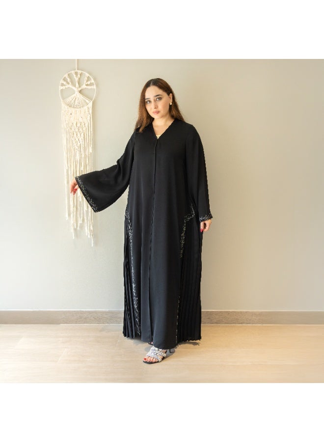 LINELLE عباءة لينيل السوداء للنساء - مزودة بأزرار من الأمام مع أكمام واسعة فضفاضة، لوحات مطوية جانبية وتفاصيل مطرزة، ملابس يومية ومناسبات محتشمة - Image 1