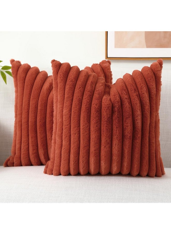 decorUhome Faux Fur Throw Pillow Covers 18x18 Set of 2, Decorative Soft Plush Striped Couch Pillow Covers with Velvet Back for Sofa, Bed, Living Room, Rust - Image 1
