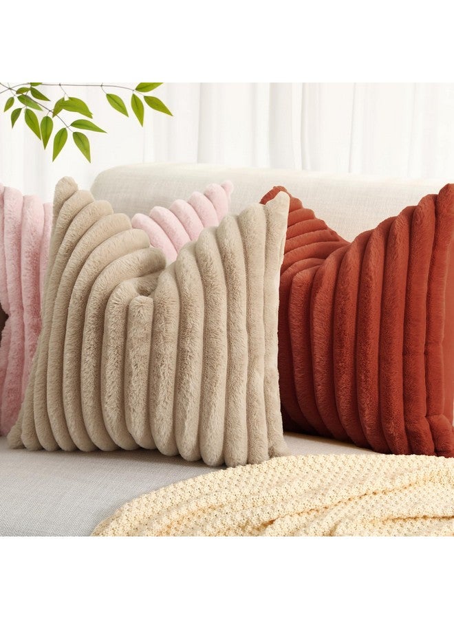 decorUhome Faux Fur Throw Pillow Covers 18x18 Set of 2, Decorative Soft Plush Striped Couch Pillow Covers with Velvet Back for Sofa, Bed, Living Room, Rust - Image 4