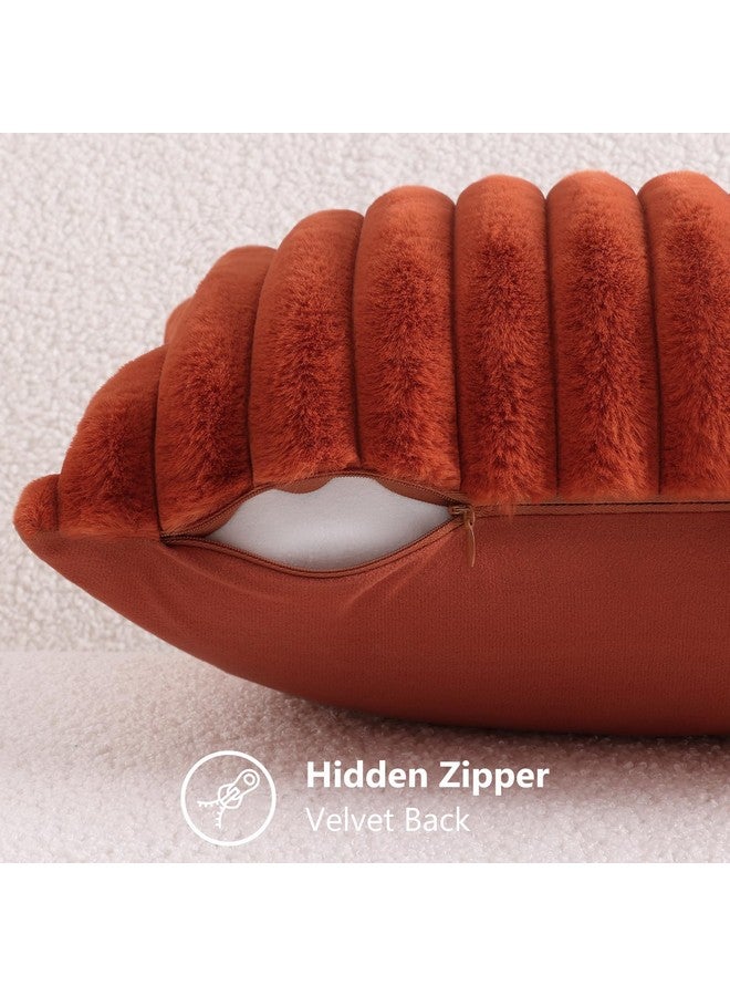 decorUhome Faux Fur Throw Pillow Covers 18x18 Set of 2, Decorative Soft Plush Striped Couch Pillow Covers with Velvet Back for Sofa, Bed, Living Room, Rust - Image 3