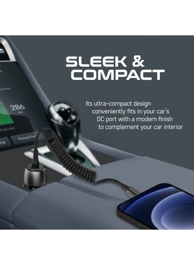 Car Charger With Cable 33W Power Delivery DC Charger With Built-In Lightning Charging Coiled Cord USB-C Port And Heat-Resistance PowerDrive-33PDI - Image 2