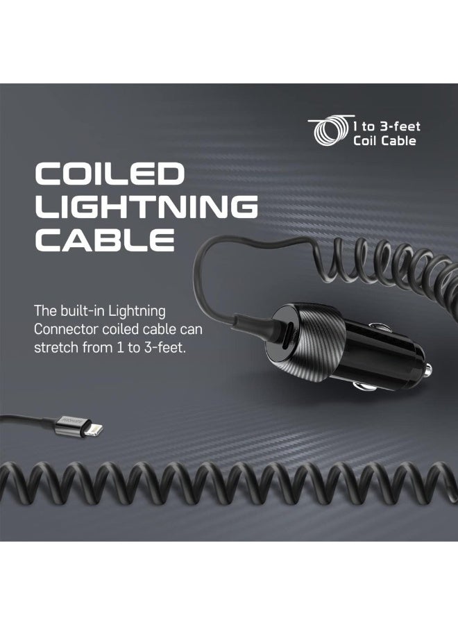 Car Charger With Cable 33W Power Delivery DC Charger With Built-In Lightning Charging Coiled Cord USB-C Port And Heat-Resistance PowerDrive-33PDI - Image 4