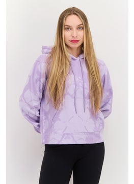 Women Allover Print Long Sleeves Hooded Sweatshirt, Lavender