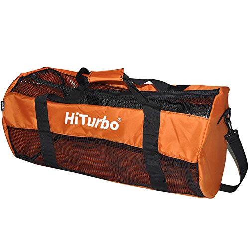 Hiturbo Mesh Dive Duffel Bag: Scuba Gear Bags for Diving, Snorkeling, Freediving and Swimming - 60L Travel Beach Pool Water Sports Equipment Bag with Shoulder Strap - Orange - Image 1