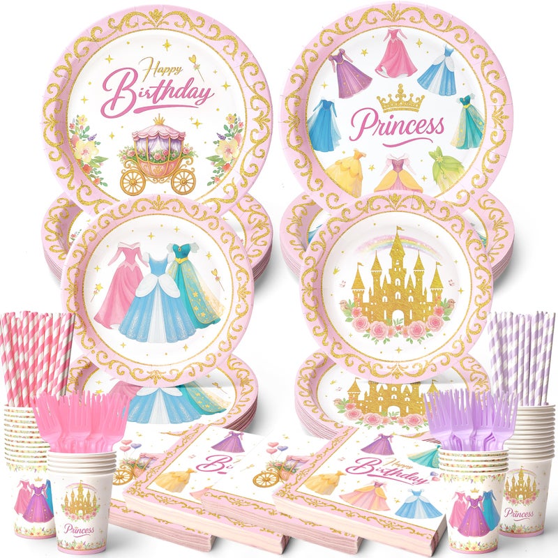 Vistico 300 Pcs Princess Paper Plates Napkins Birthday Party Supplies Include Forks Cups Straws Summer Party Tableware Set for Kids Serves 50 Guests - Image 2