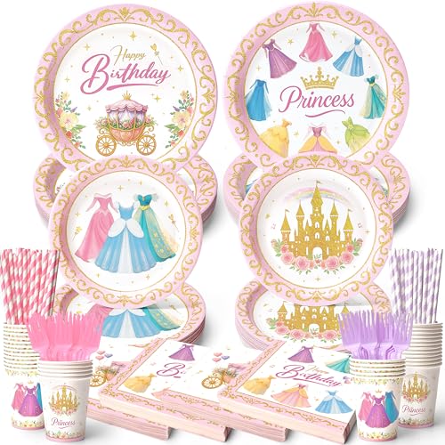 Vistico 300 Pcs Princess Paper Plates Napkins Birthday Party Supplies Include Forks Cups Straws Summer Party Tableware Set for Kids Serves 50 Guests - Image 1