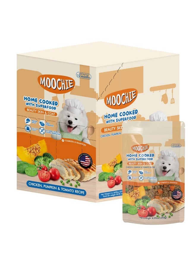MOOCHIE MOOCHIE Home Cooked Superfood Wet Dog Food - Beauty Skin & Coat - Chicken, Pumpkin & Tomato - No Artificial Flavors or Preservative - 6 x 9 oz Pouch  - Image 1