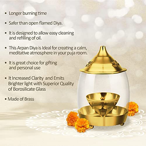 True Decor 6 Inches Akhand Deepak for Puja Arpan Diya Akhand Diya with Curved Borosilicate Glass Cover Akhand Jyoti Deepam - Image 3