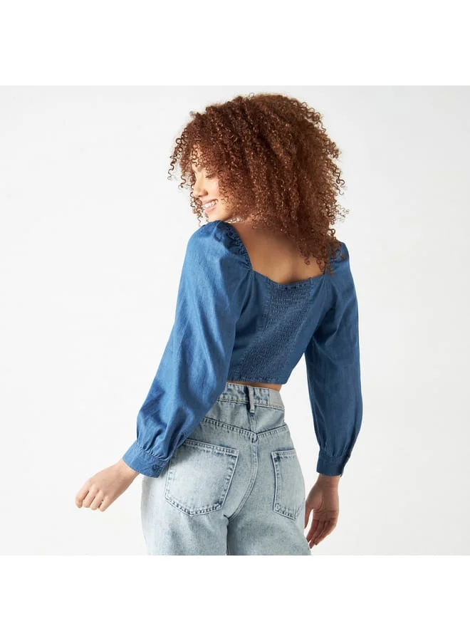 Lee Cooper Lee Cooper Solid Crop Top with Diamond Neck and Tie-Ups