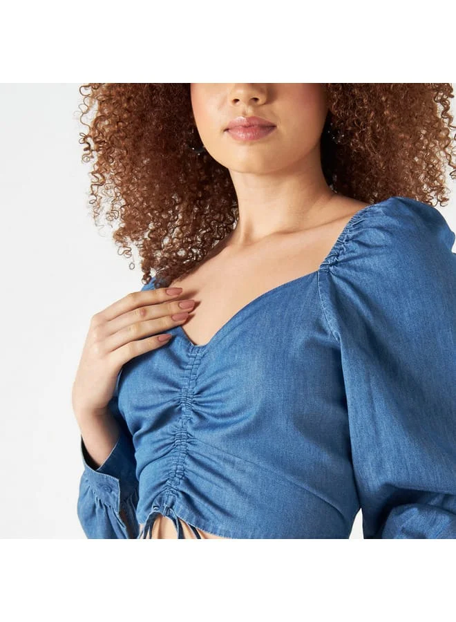 Lee Cooper Lee Cooper Solid Crop Top with Diamond Neck and Tie-Ups