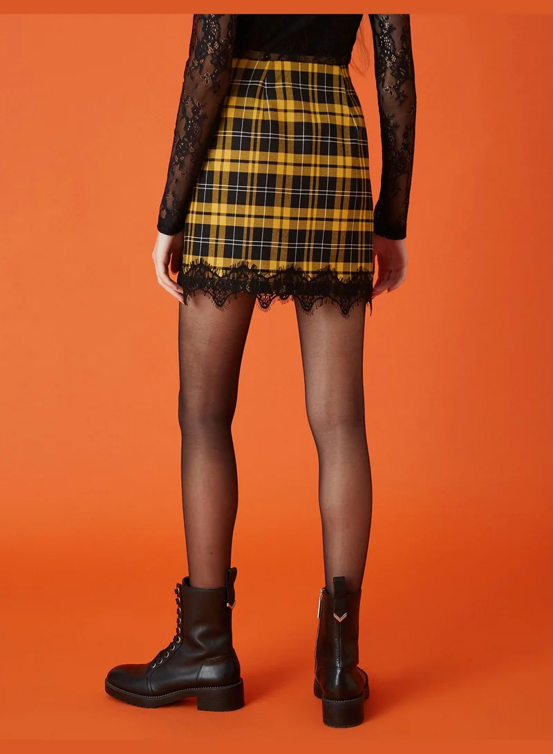 KOTON Lace Detail Checked Mini Skirt