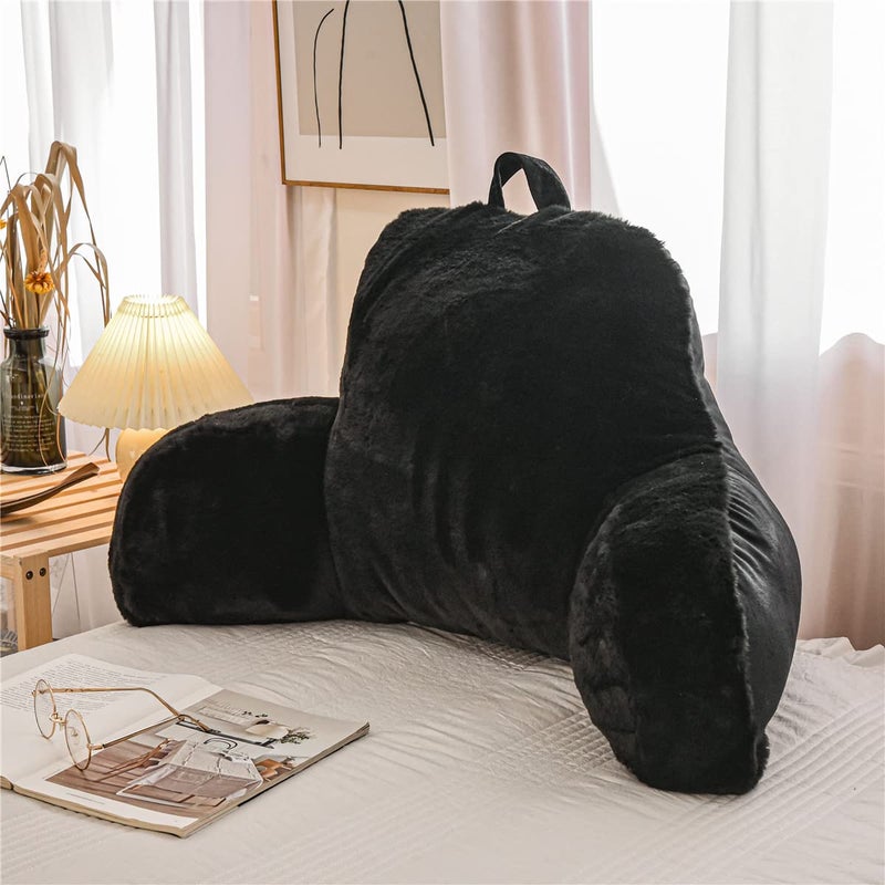 Holawakaka Holawakaka Standard Faux Fur Bed Rest Pillow with Arms Artificial Rabbit Fur Reading Pillows Perfect for Adults Teens Kids Pregnancy Lumbar  Head Neck Coccyx Lower Back Support Cushion Black