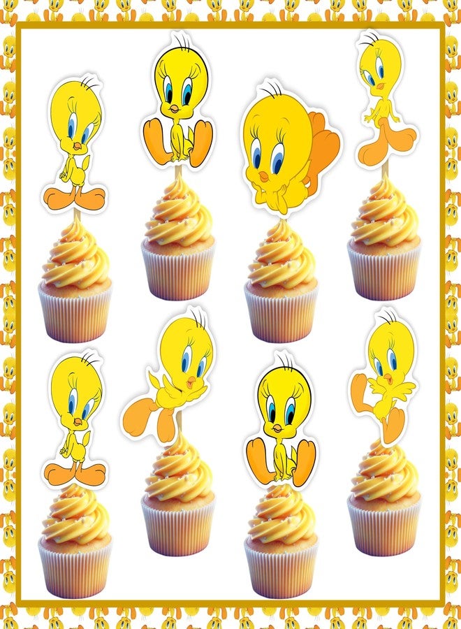 Seyal Twety Cupcake Toppers for Birthday - Set of Reusable Yellow Cartoon Bird Cupcake Picks - Durable Food-Safe Cardstock Decoration for Baby Shower, Boys and Girls Party, and Classic Animation Fans - Image 1