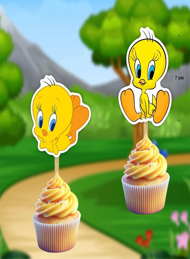 Seyal Twety Cupcake Toppers for Birthday - Set of Reusable Yellow Cartoon Bird Cupcake Picks - Durable Food-Safe Cardstock Decoration for Baby Shower, Boys and Girls Party, and Classic Animation Fans - Image 2