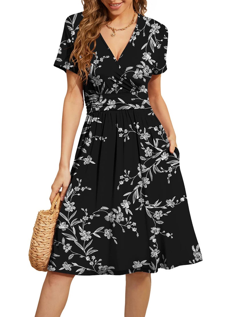 WEACZZY Casual Summer Dresses for Women 2025 Loose Dresses Short Sleeve Dress for Women V Neck Pleated Midi Dress,Floral White Black,XL - Image 1