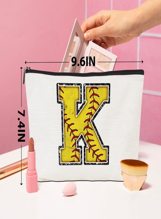 CQM Softball Gifts Initial Makeup Bag Monogrammed Cosmetic Bag Yellow Letter K Zipper Pouch Softball Accessories for Girls Women Player Coaches Friend Graduation Birthday Gifts - Image 4