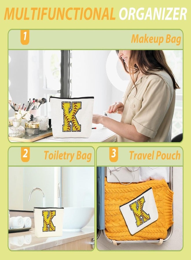 CQM Softball Gifts Initial Makeup Bag Monogrammed Cosmetic Bag Yellow Letter K Zipper Pouch Softball Accessories for Girls Women Player Coaches Friend Graduation Birthday Gifts - Image 5