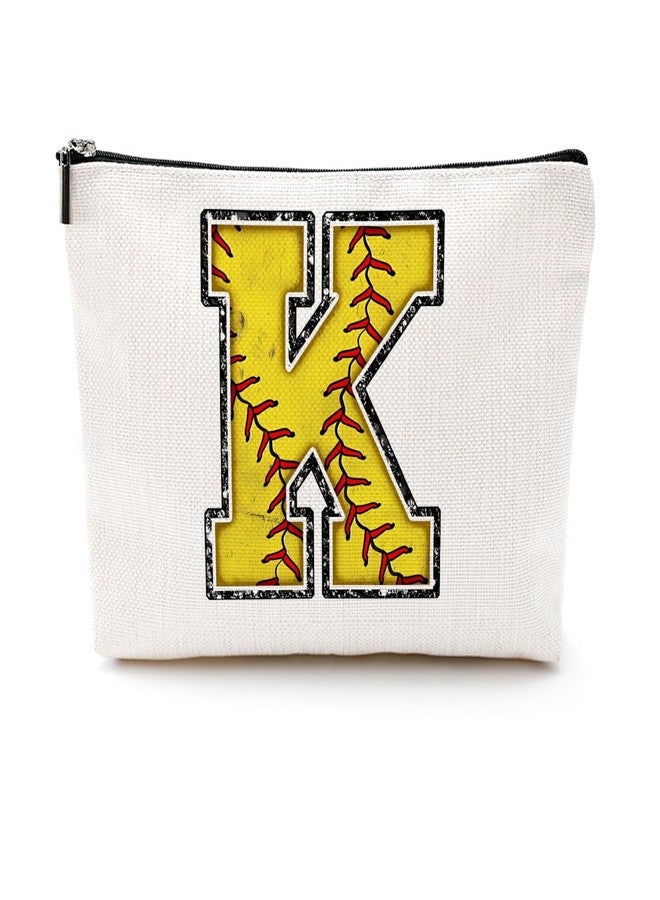 CQM Softball Gifts Initial Makeup Bag Monogrammed Cosmetic Bag Yellow Letter K Zipper Pouch Softball Accessories for Girls Women Player Coaches Friend Graduation Birthday Gifts - Image 1