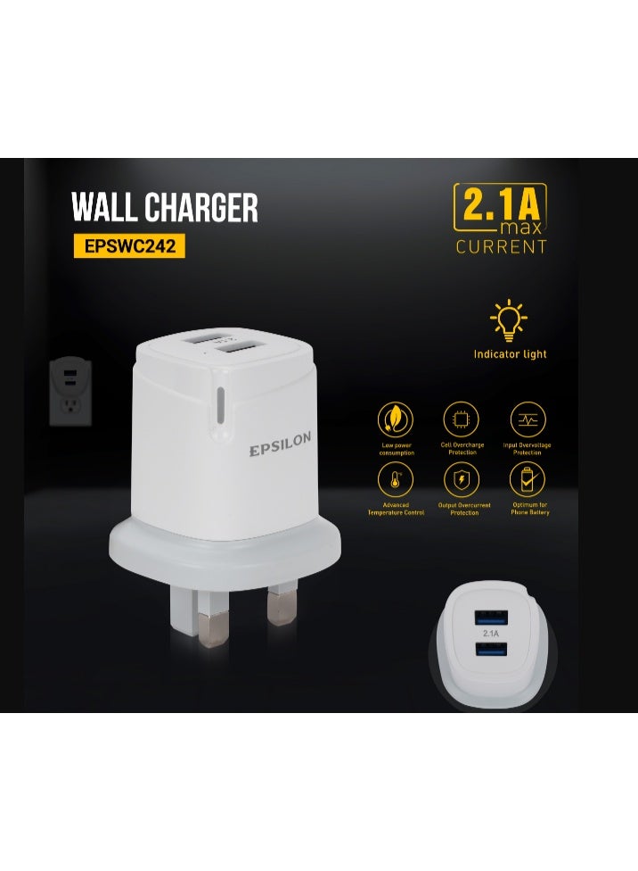 Epsilon Epsilon Wall Charger- Dual USB Ports, 2.1A Max Current/ Smart Charging with Protection Features, Indicator Light/ Low Power Consumption, Compact and Durable | EPSWC242 | White - Image 1