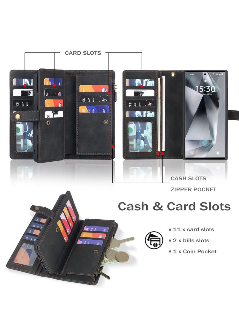SYOSI Case for Samsung Galaxy S24 Ultra Wallet with Card Holder Detachable Magnetic Phone Case 2 in 1 Flip Cover PU Leather All-Round Protective Phone Case Wallet with Wrist Strap Black - Image 3