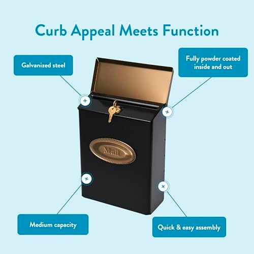 Architectural Mailboxes Designer™ Locking, Vertical Wall-Mounted Mailbox for Outside, Modern Metal Galvanized Steel Medium Mail Box with Lock and Key Drop Box, Black with Optional Mail Emblem - Image 4