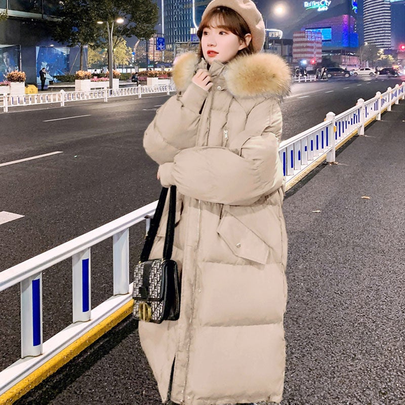 Winter 2024 Korean Long Puffer Jacket for Women Lime White (wool collar removable)