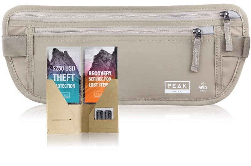 Peak Gear Travel Money Belt. Premium Quality Travel Wallet with RFID Blocking Fabric to Protect Credit Cards, Passports and Documents. Exclusive Theft Protection and 2 Recovery Tags | Beige - Image 1