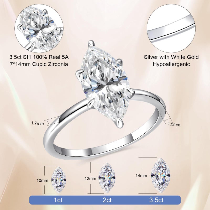 AVECON 3.5CT Marquise Cut Engagement Ring for Women, Wedding Promise Cubic Zirconia Band, White Gold Plated Simulated Diamond Rings Size 9 - Image 3