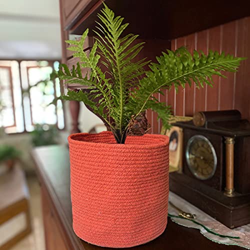 ATMAH Sunset Orange Round Handwoven 100% Cotton Planter Basket(Set of 1)(Medium-25cm X 25cm) - Image 2