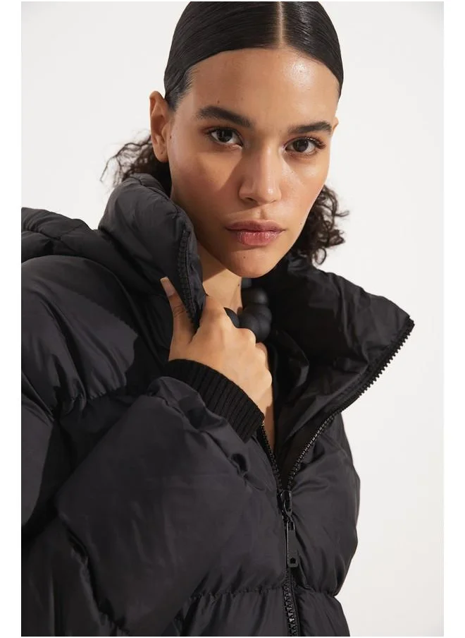 JUNE June Puffer Coat with Pocket Detail Black