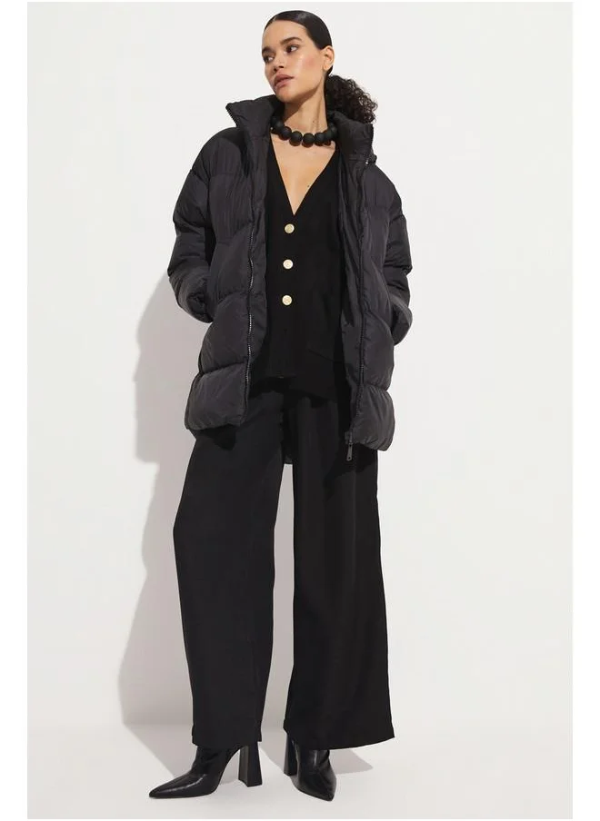 JUNE June Puffer Coat with Pocket Detail Black