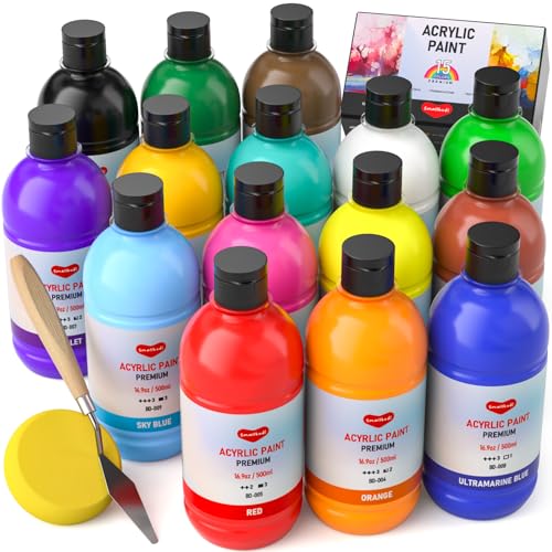 Smallbudi 15 Colors Large Acrylic Paint Set (16.9 oz,500 ml), Bulk Acrylic Paint Non-Toxic Art Painting Supplies on Multi Surface Pumpkin Canvas Wood Craft Fabric Rock for Artist Kids with Color Wheel - Image 1