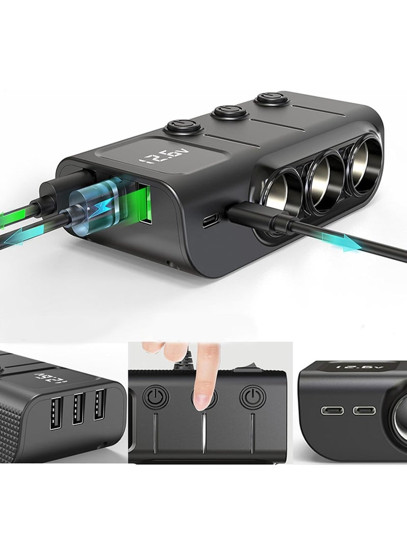 موزع مقبس ولاعة السيارة، محول بقوة 120 واط مع 3 منافذ USB، ومفاتيح تشغيل مستقلة، ومؤشر للجهد، وتقنية الشحن السريع PD؛ مناسب للهواتف والأجهزة اللوحية وكاميرات مراقبة السيارة (Dash Cam). - Image 1