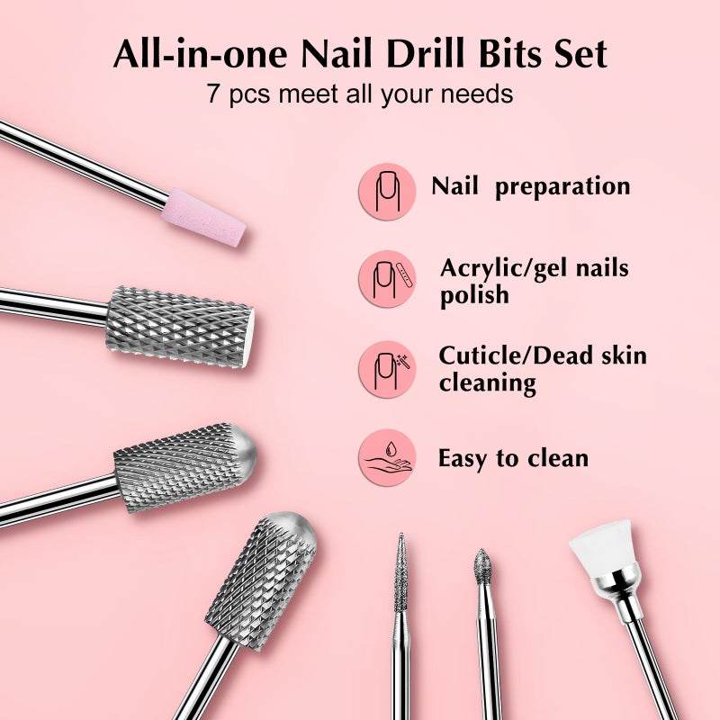 COSLUS Nail Drill Bits Set 7pcs: 3/32 Inch Shank Electric Nail File Machine Bits for Acrylic Gel Dip Nails Nail Art Tools for Cuticle Remover Manicure Pedicure - Image 2