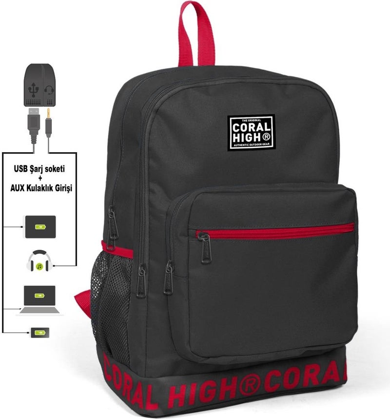 CORAL HIGH Embroidery Logo Dark Gray Backpack with USB Charging Headphone Output 24105