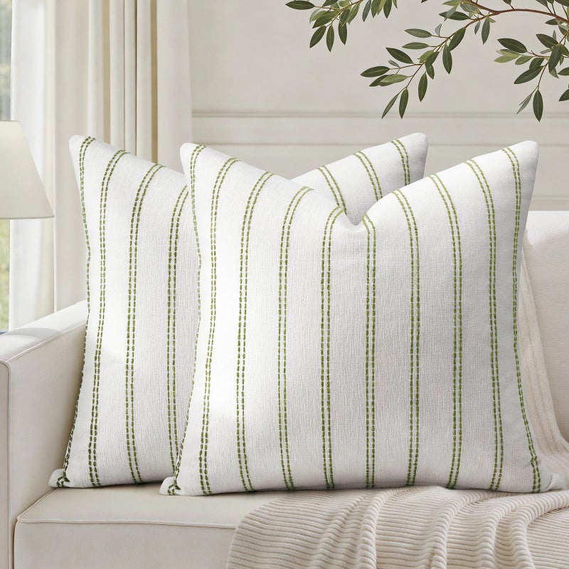 HOMEIDEAS Decorative Sage Green Throw Pillow Covers 20x20 Set of 2 Striped Textured Farmhouse Pillow Covers Soft Chenille Cushion Covers for Couch Sofa Bed Home Decor - Image 2