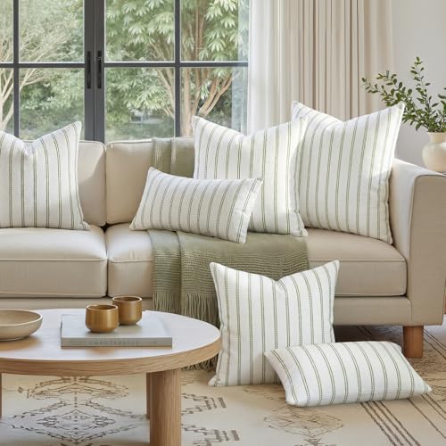 HOMEIDEAS Decorative Sage Green Throw Pillow Covers 20x20 Set of 2 Striped Textured Farmhouse Pillow Covers Soft Chenille Cushion Covers for Couch Sofa Bed Home Decor - Image 3