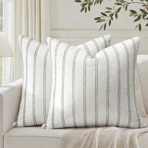 HOMEIDEAS Decorative Sage Green Throw Pillow Covers 20x20 Set of 2 Striped Textured Farmhouse Pillow Covers Soft Chenille Cushion Covers for Couch Sofa Bed Home Decor - Image 1