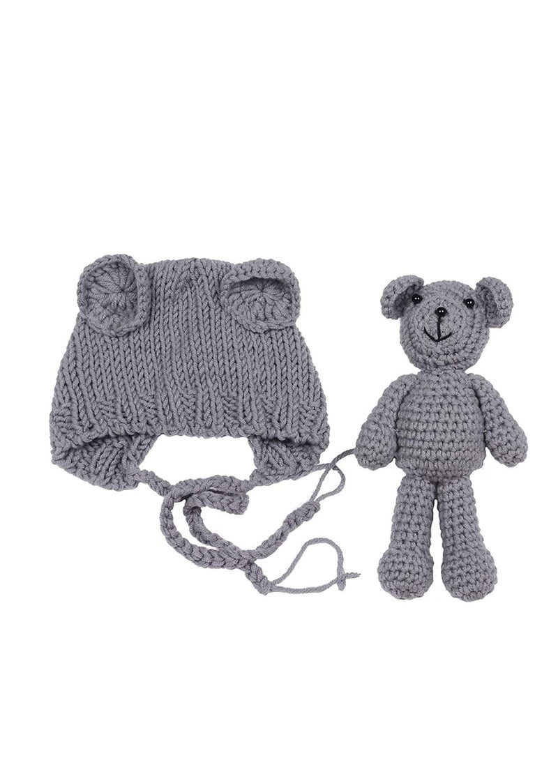 نيبمينينت Newborn Photography Props Crochet Bear Bunny Hat Doll Set, Gift Knitted Photo Costume for Baby Boys and Girls(Grey) - Image 1
