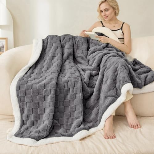 Gracelife Sherpa Throw Blanket for Couch Flannel Cozy Soft Thick Blanket for Bed Fleece Grey 60x80 Inches - Image 3