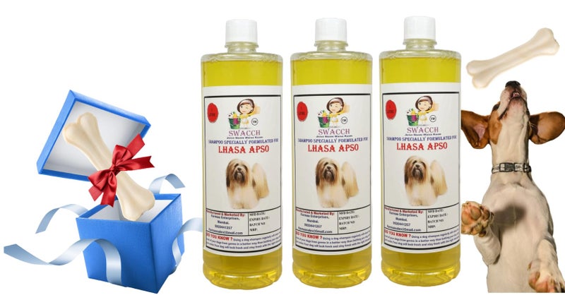 swacch Shampoo | Puppy Safe Shampoo | Lhasa Apso Dog Shampoo (1 Litre) (Pack of 3) Lemon + Large White Bone | Dog Chew Bones | Teething chew Toy | Dental Teething |Combo Pack - Image 1