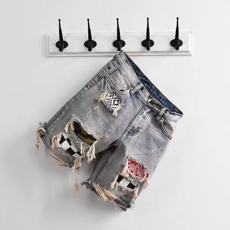 Summer Thin Patch Patch Rapped Denim Shorts Mens Loose Straight Five-point Korean Style Trendy Personalized Mid-length Pants Light blue 